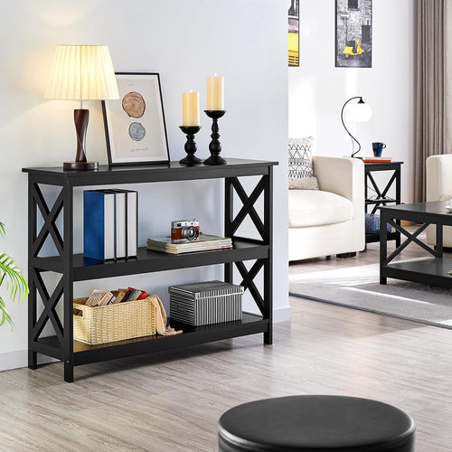 42" L Black Console Table 3-Tier Narrow X-Design Storage Shelves
